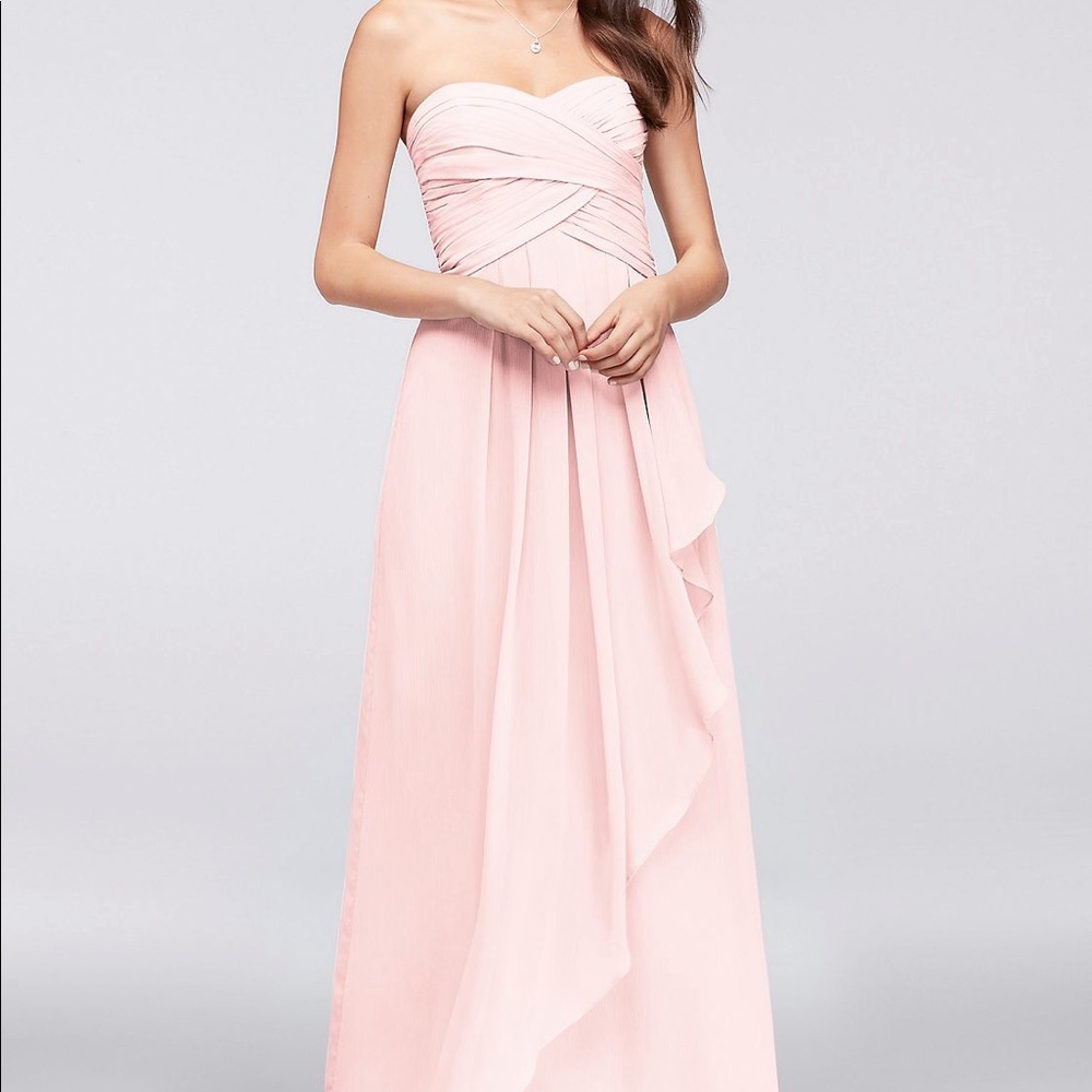 David’s Bridal • Strapless Crinkle Chiffon Dress with Cascade Skirt in Petal